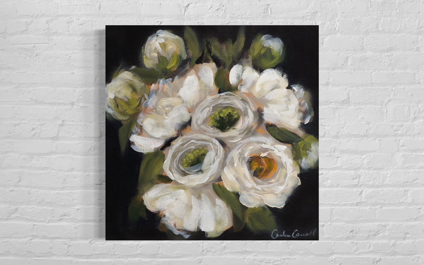 White Peonies art print on dark background on white brick wall