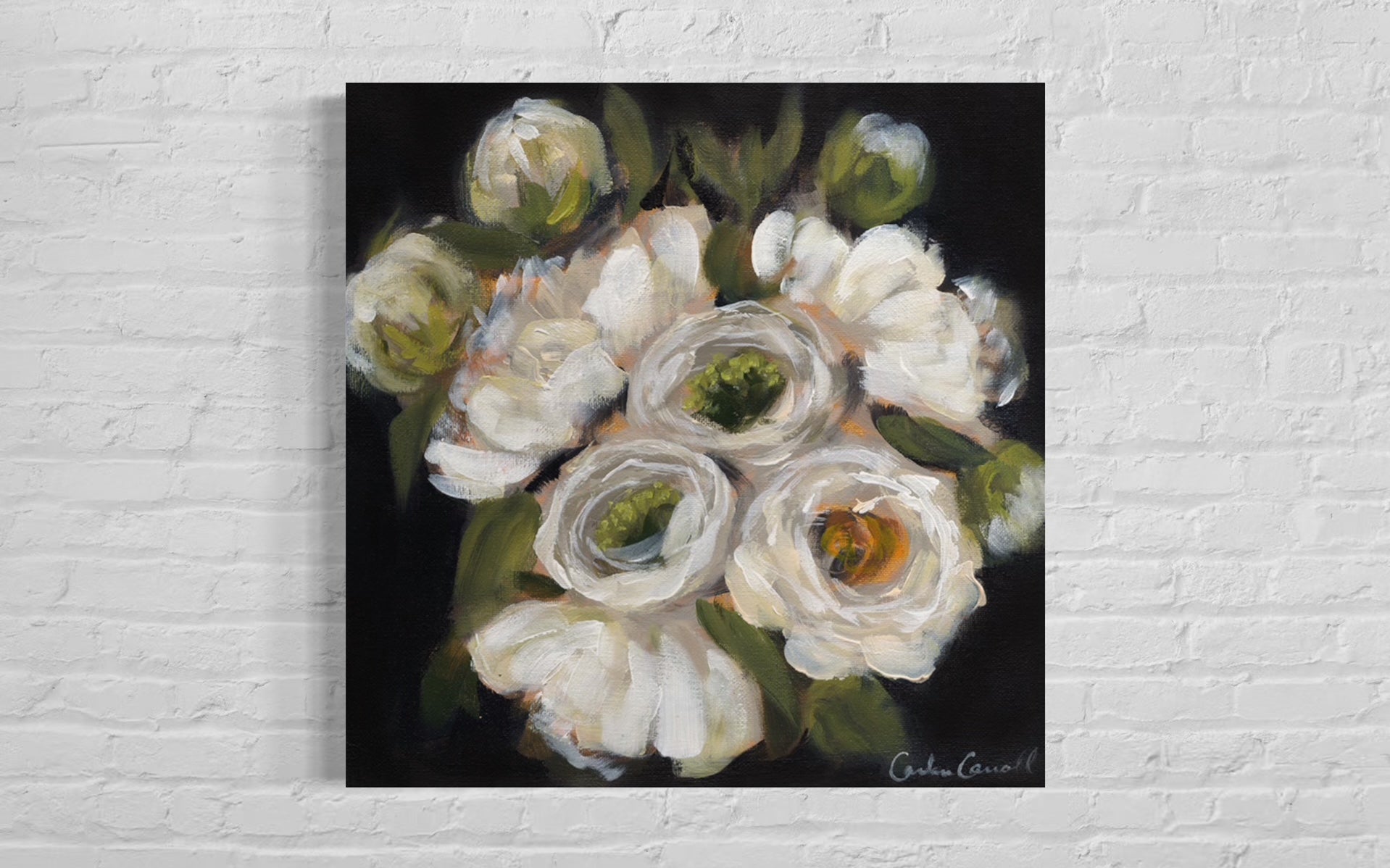 White Peonies art print on dark background on white brick wall