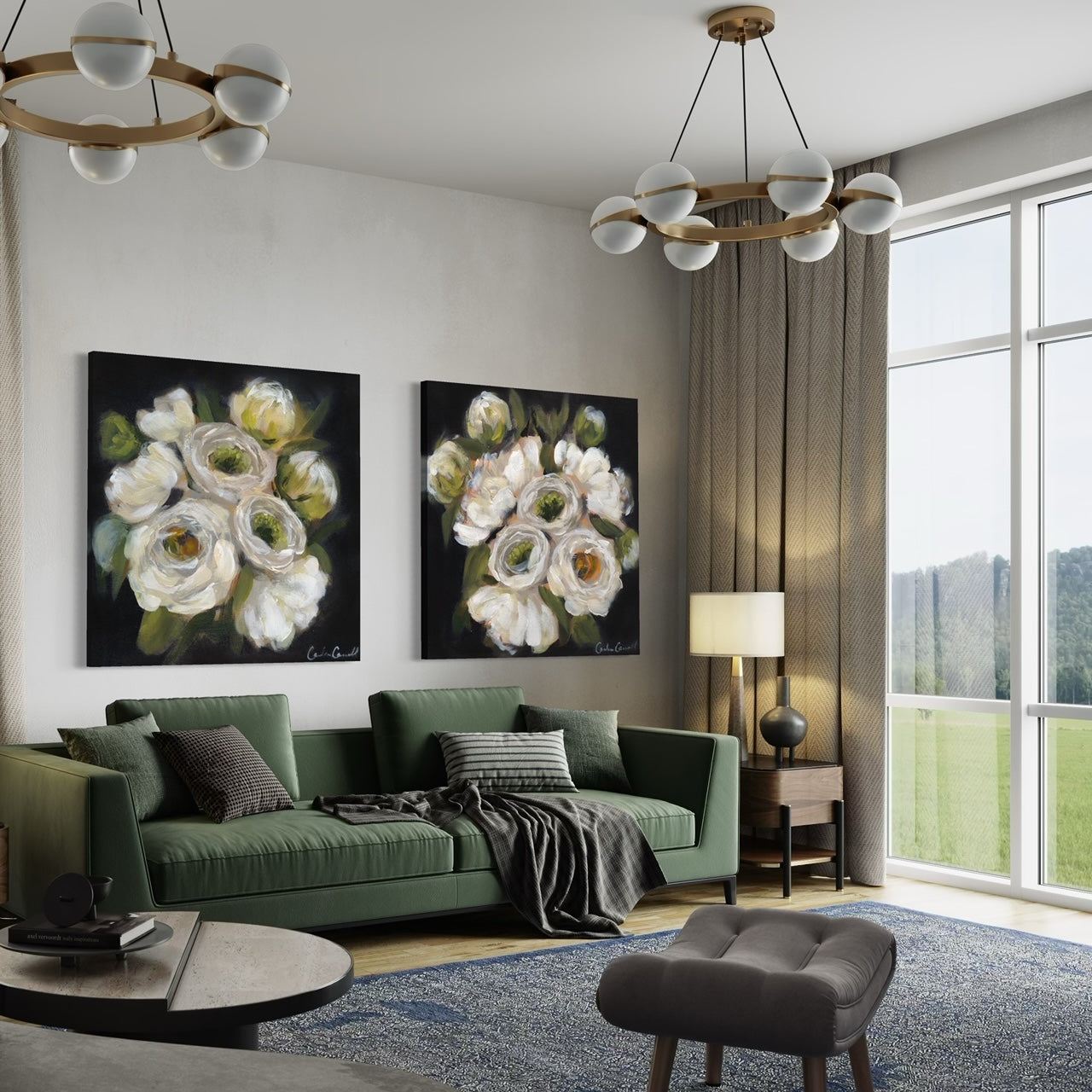 White Peonies on dark background. Floral art print in textured living room with green sofa for wholesale purchase