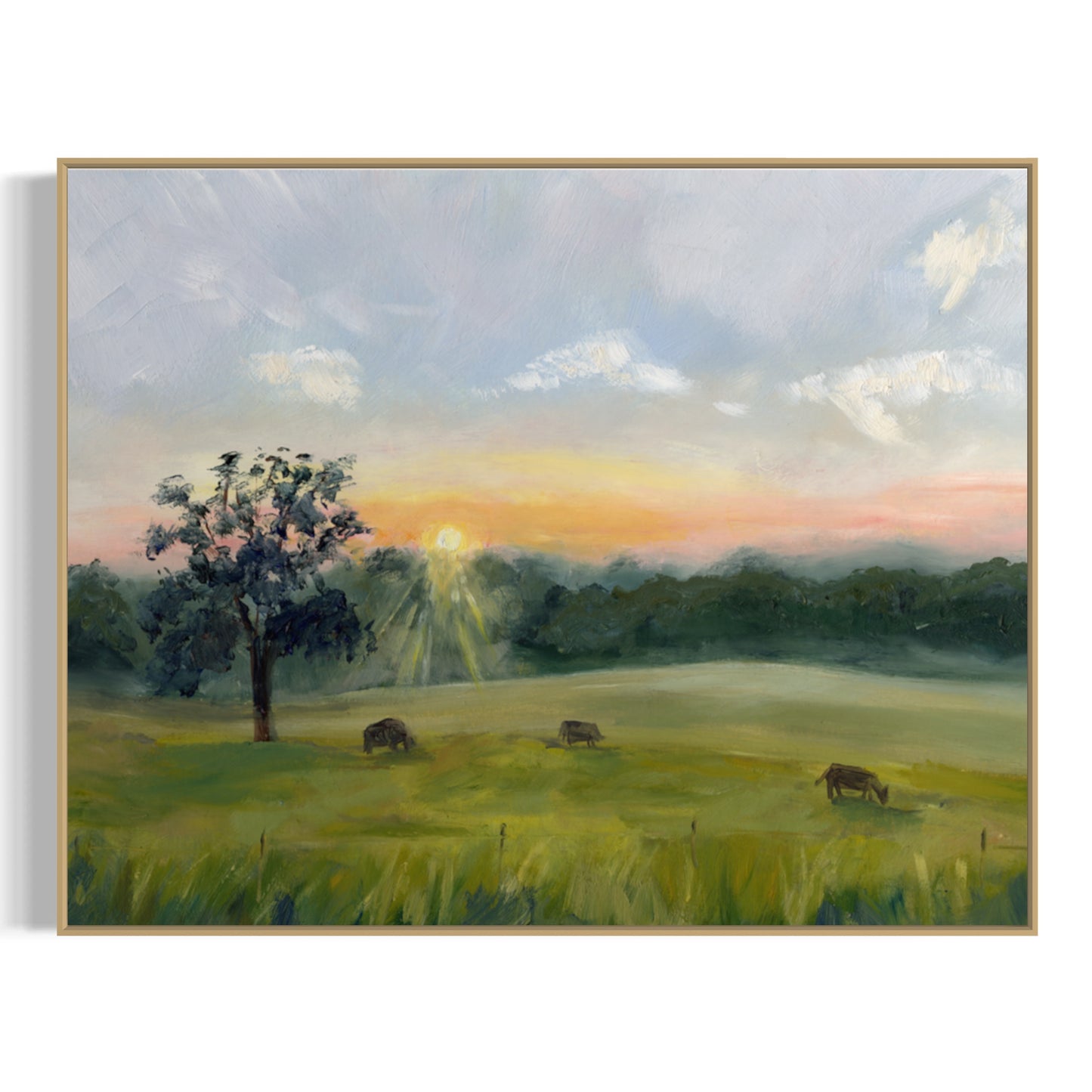 art print of a sunrise over a tranquil field framed in gold minimalist frame on white background