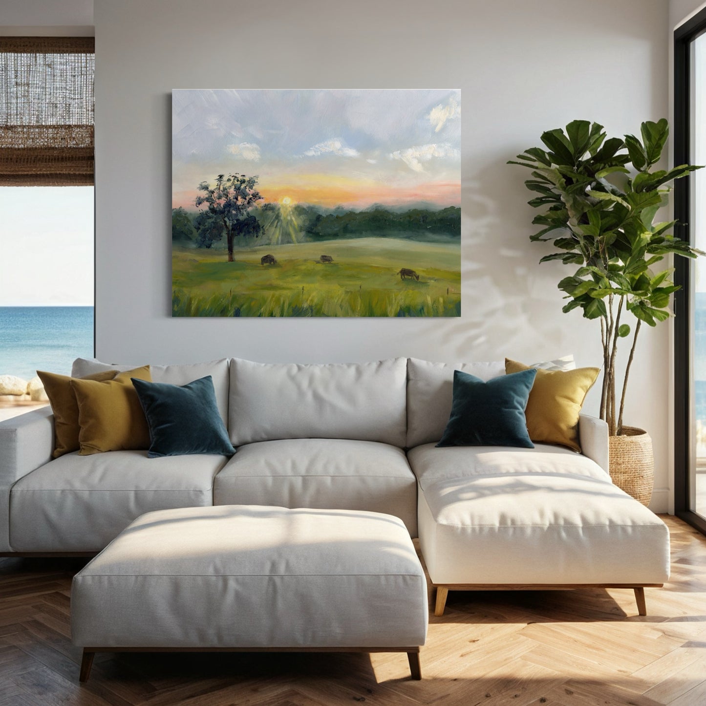 art print of a sunrise over a tranquil field in living room with bright accents