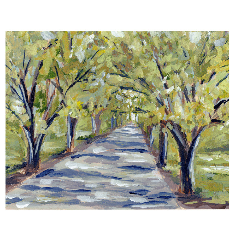 Painting of tree-lined road