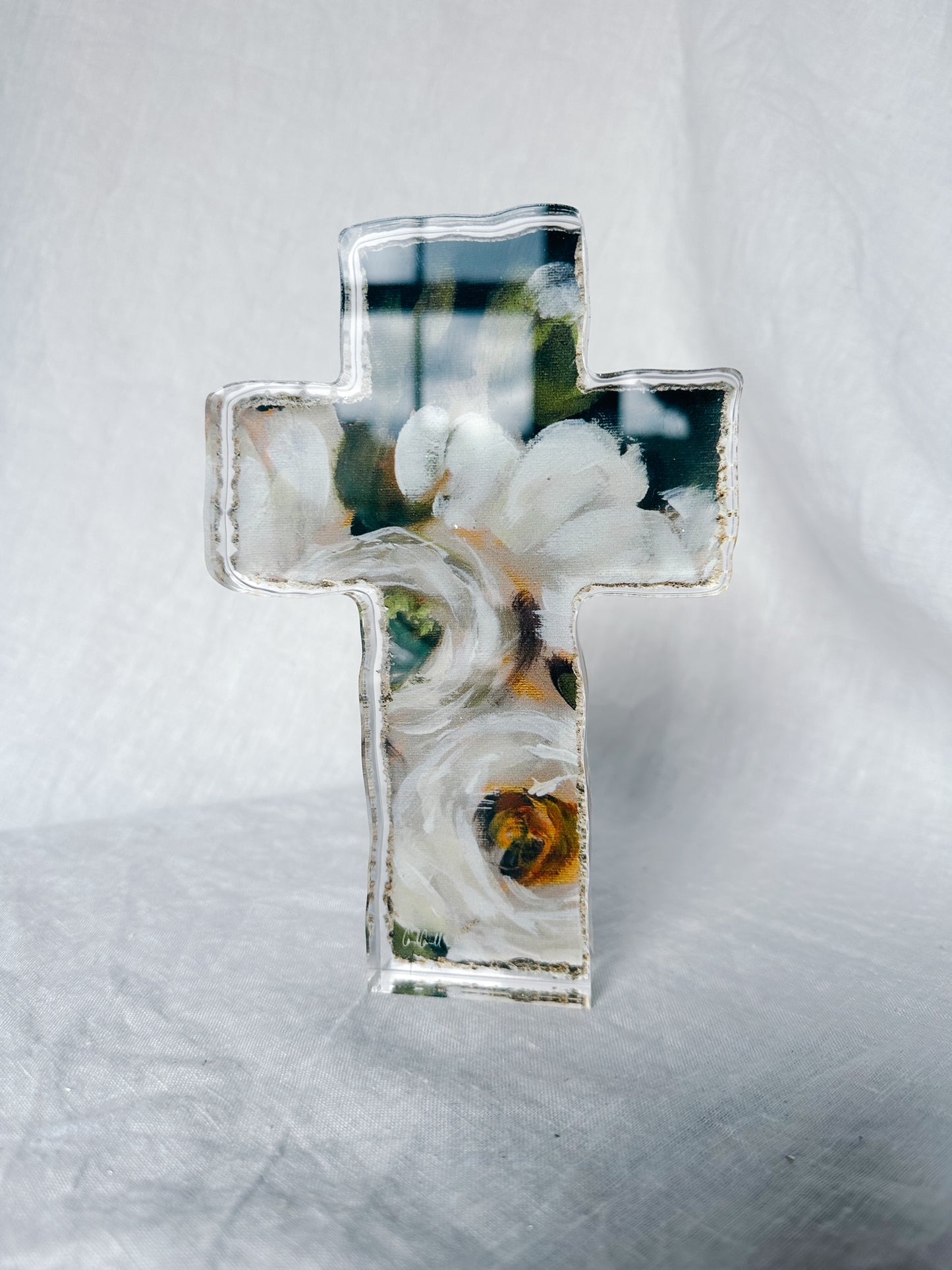 standing thick acrylic black and white floral art acrylic cross