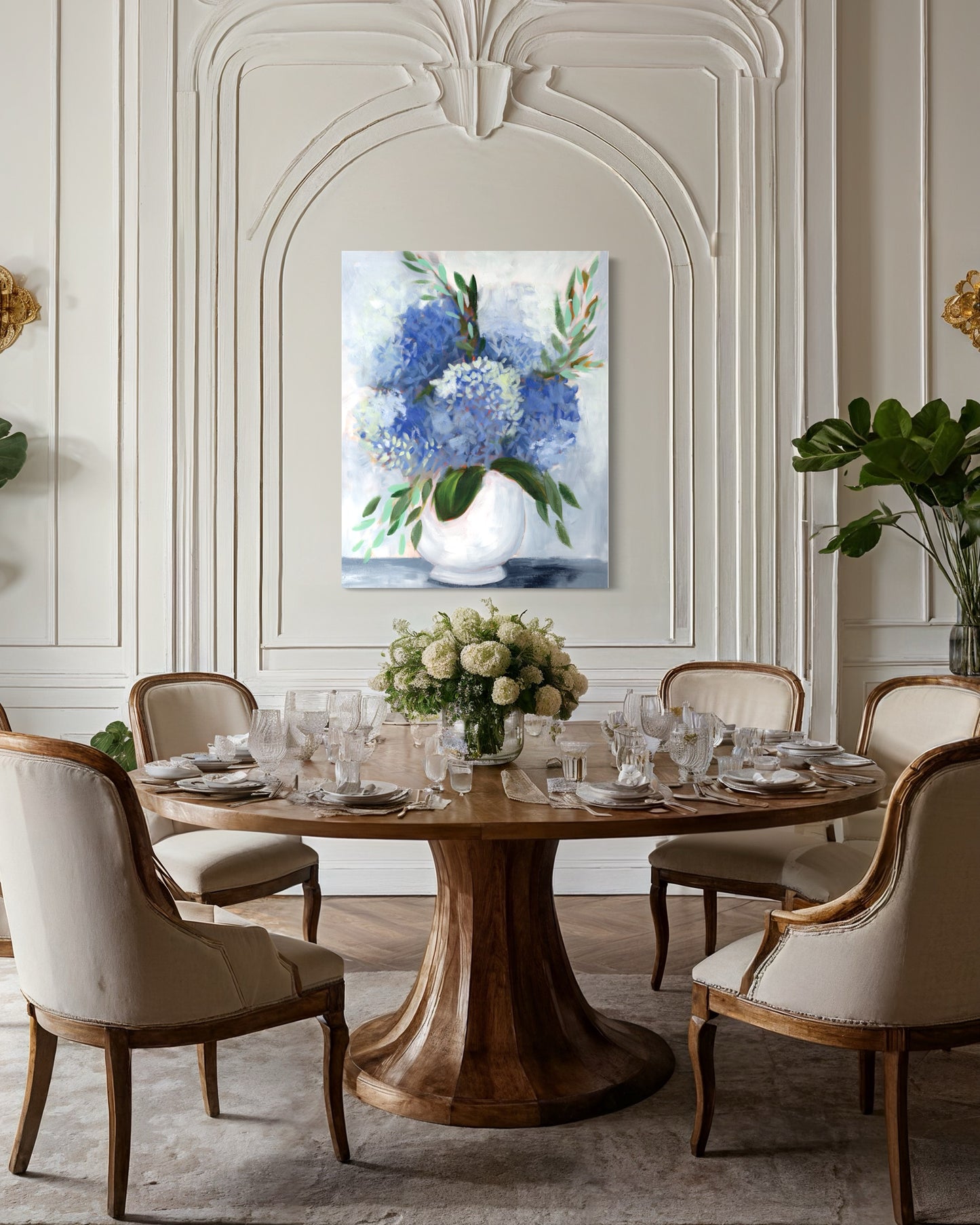 blue and white hydrangea art print in formal dining room