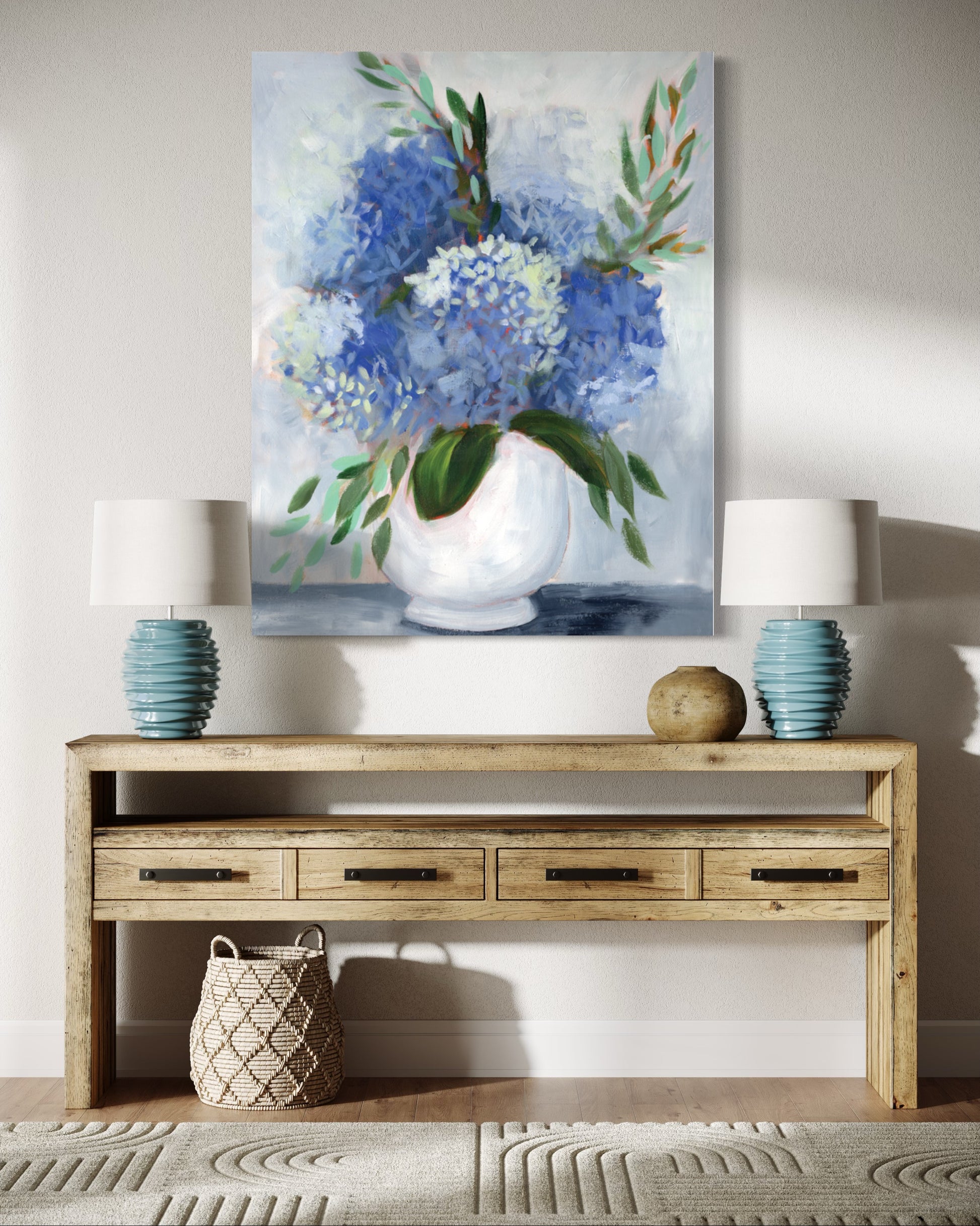 blue and white hydrangea art print  on neutral wall