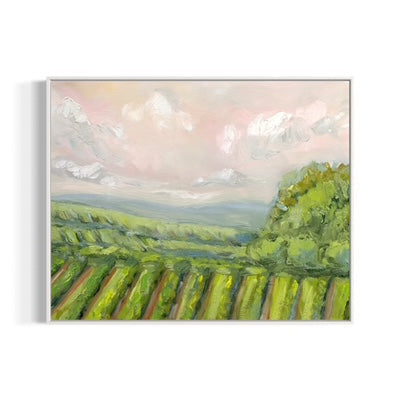 Painting of vineyards with a clear sky