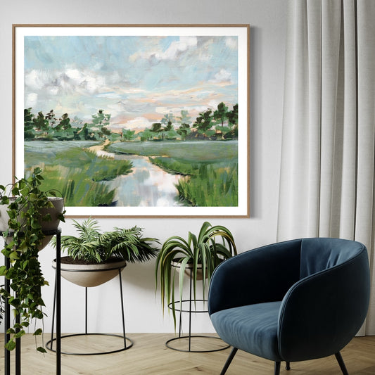 abstract landscape of salt marsh with blue and green brush strokes framed in wood on white wall