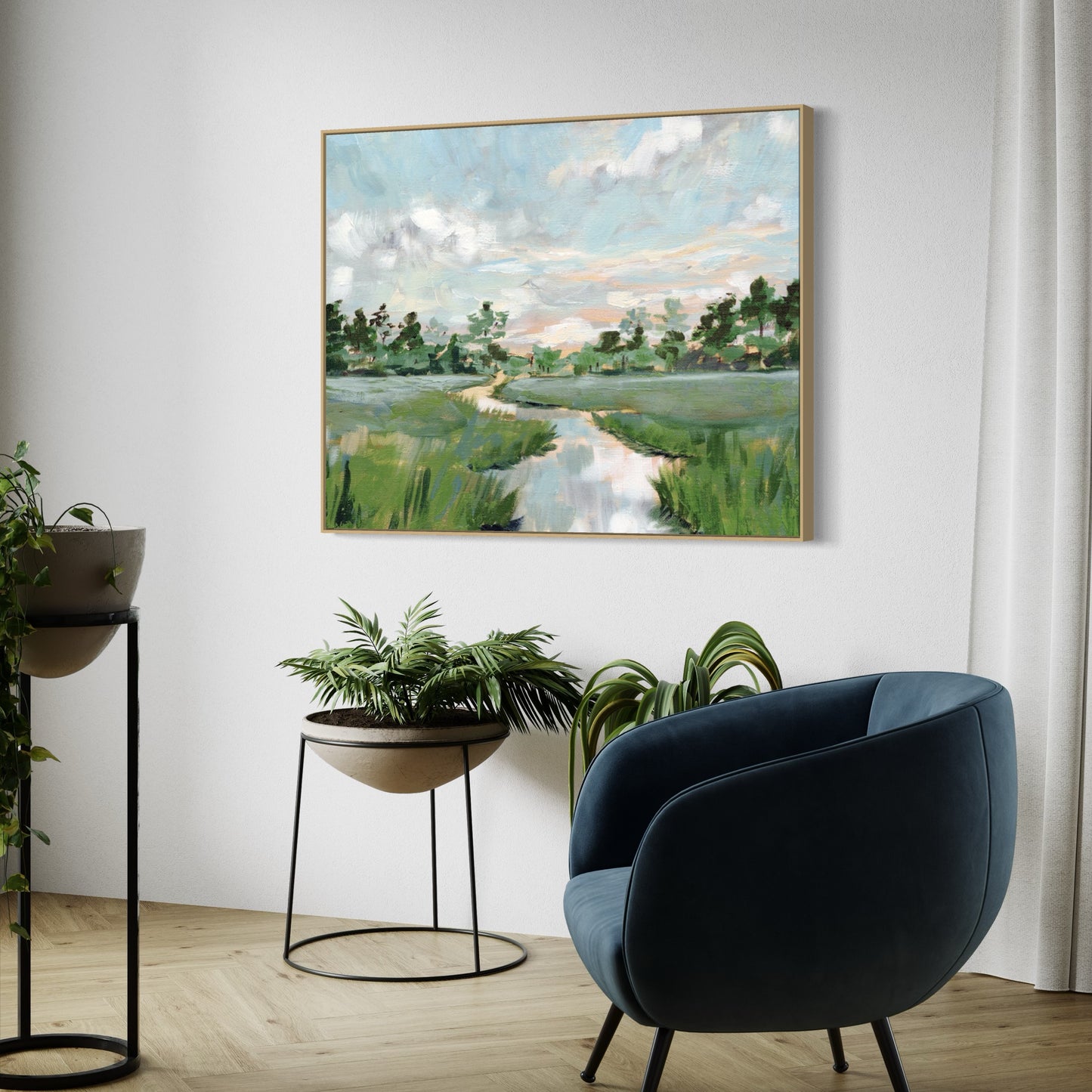 abstract landscape of salt marsh with blue and green brush strokes canvas art print, canvas print