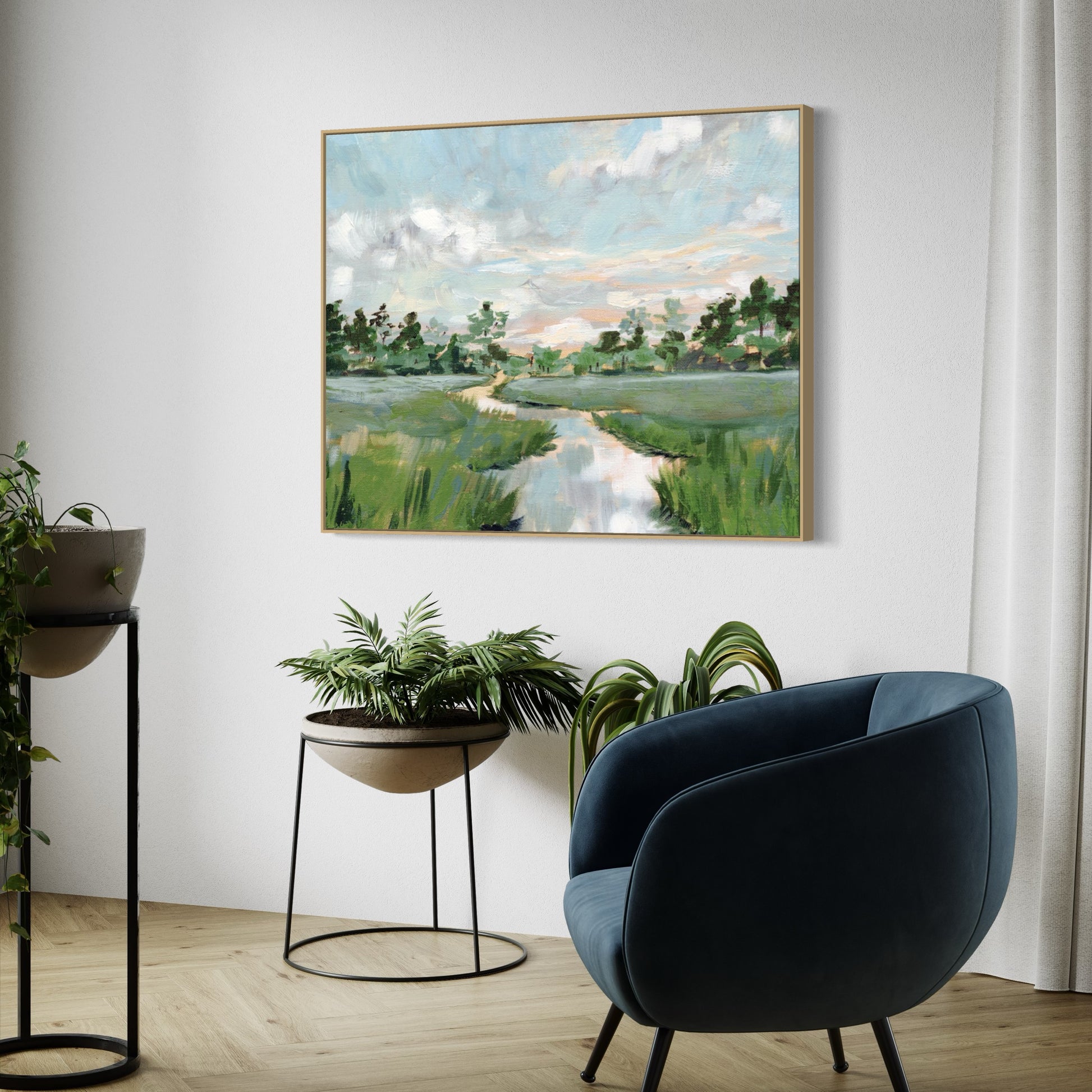 abstract landscape of salt marsh with blue and green brush strokes canvas art print, canvas print