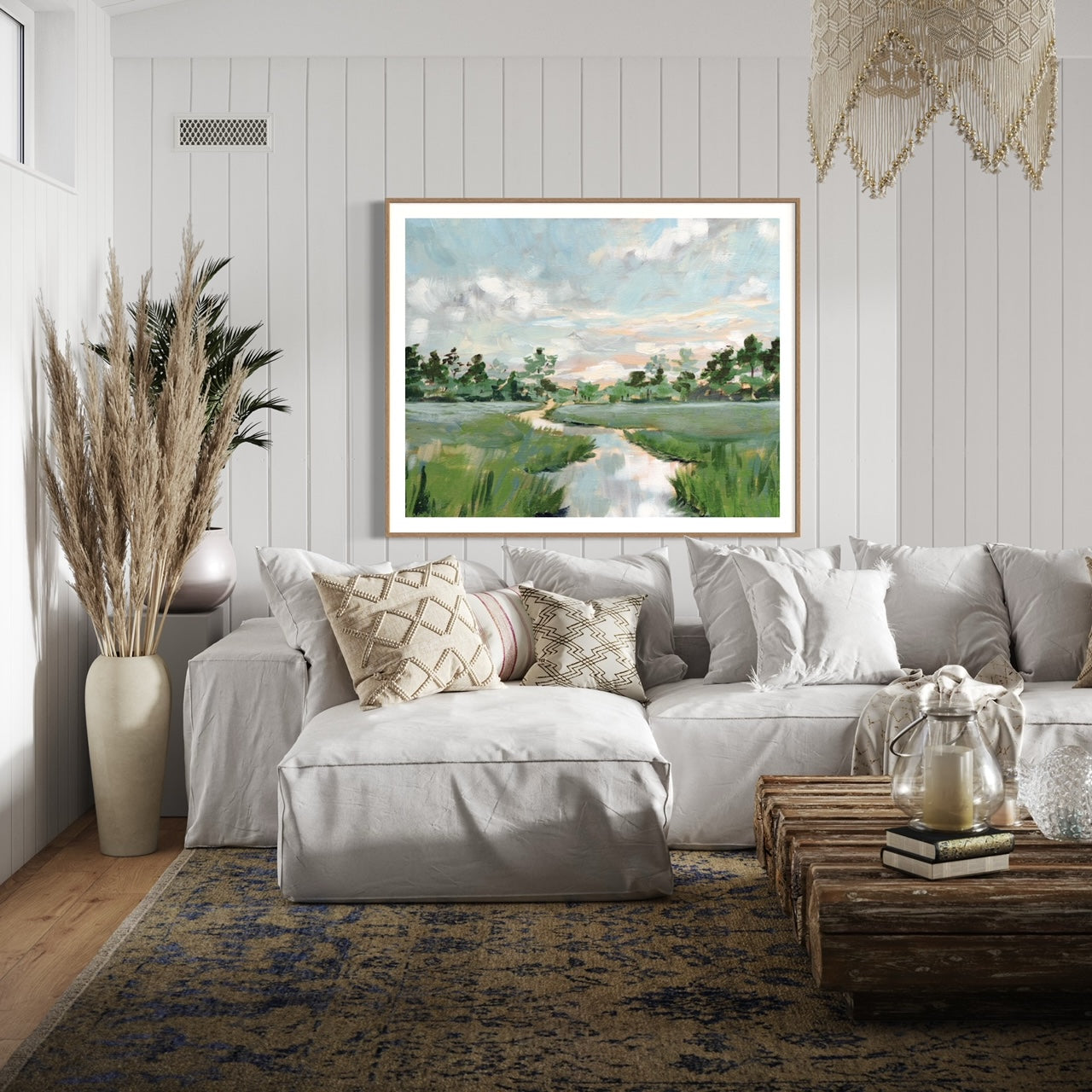abstract landscape of salt marsh with blue and green brush strokes in casual coastal living space