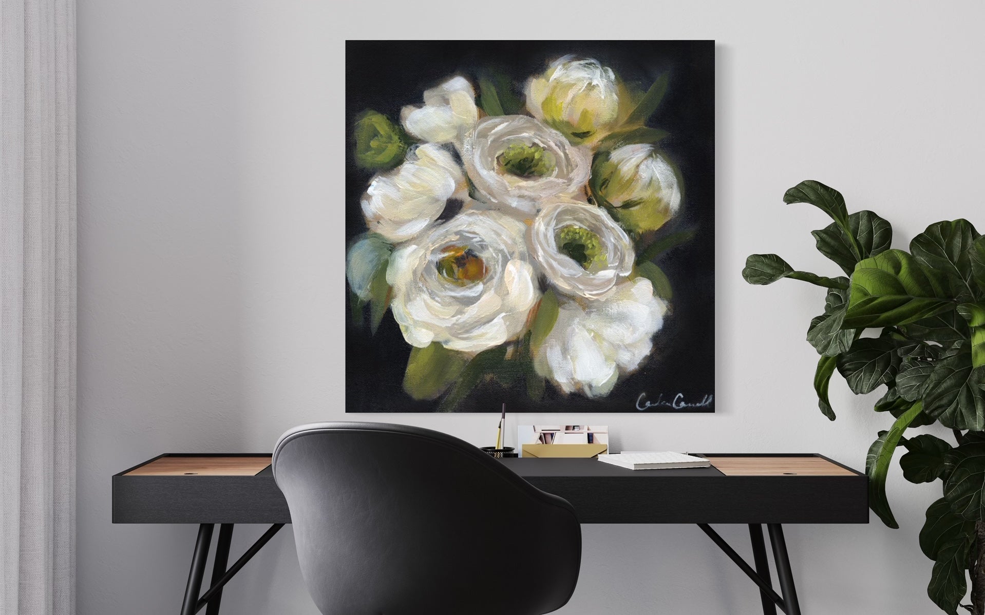 floral art print of White Peonies on black background above desk work space