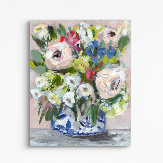 Floral painting of pastel flowers in blue vase.