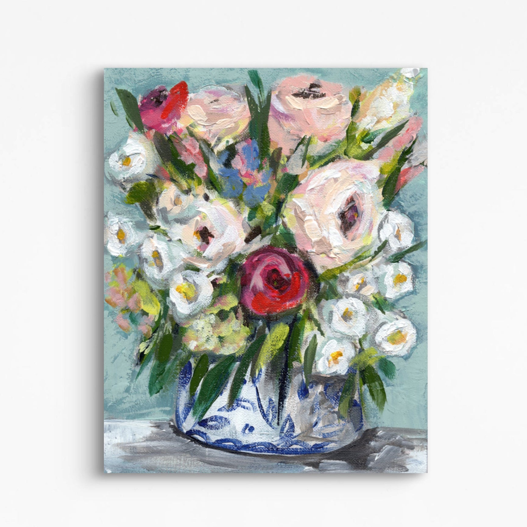 Floral painting of roses in blue vase