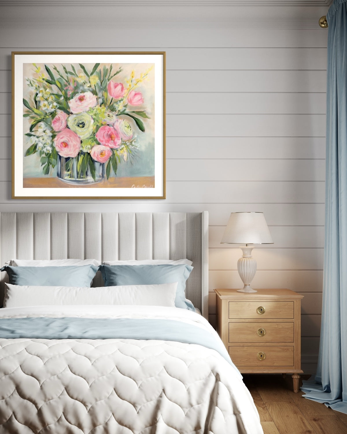 floral art print of pink and white peonies with yellow forsythia softly accented by a soft-lit grey background in neutral bedroom with light blue accents