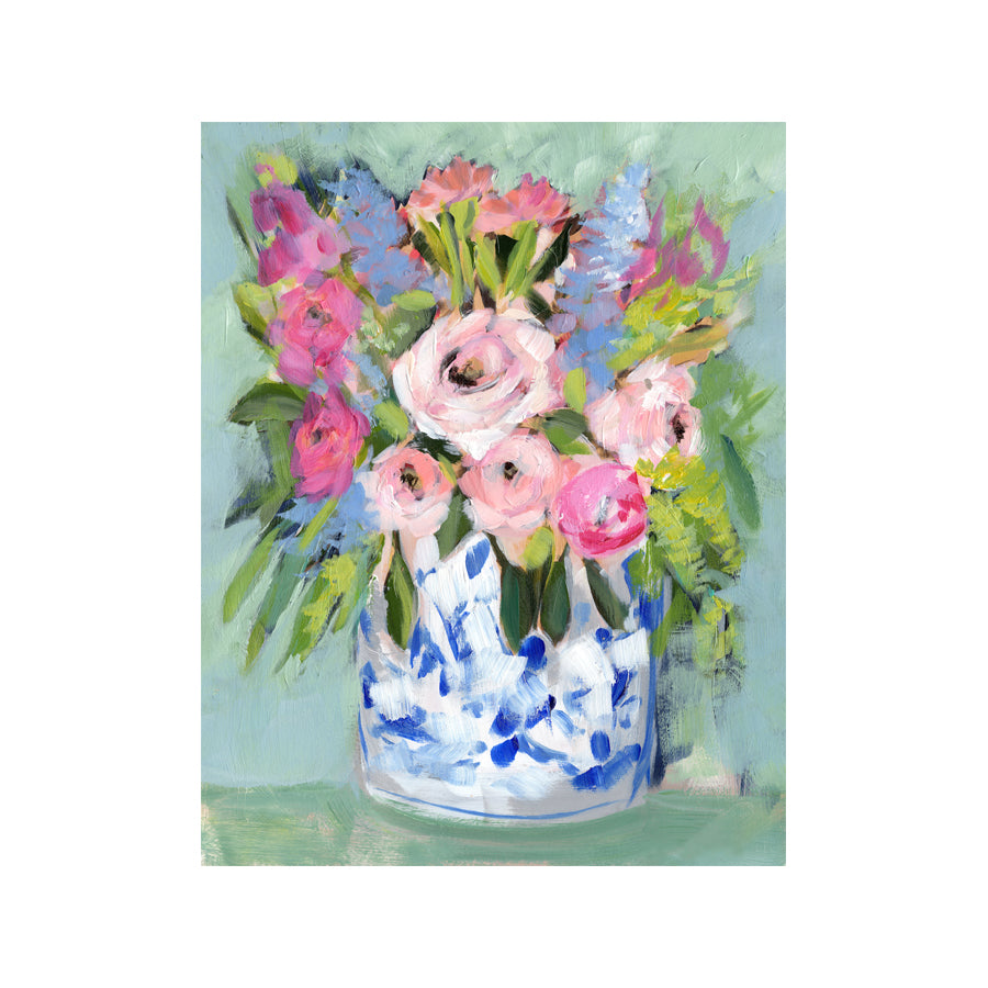 pink, magenta, purple green and aqua floral art print on aqua green background