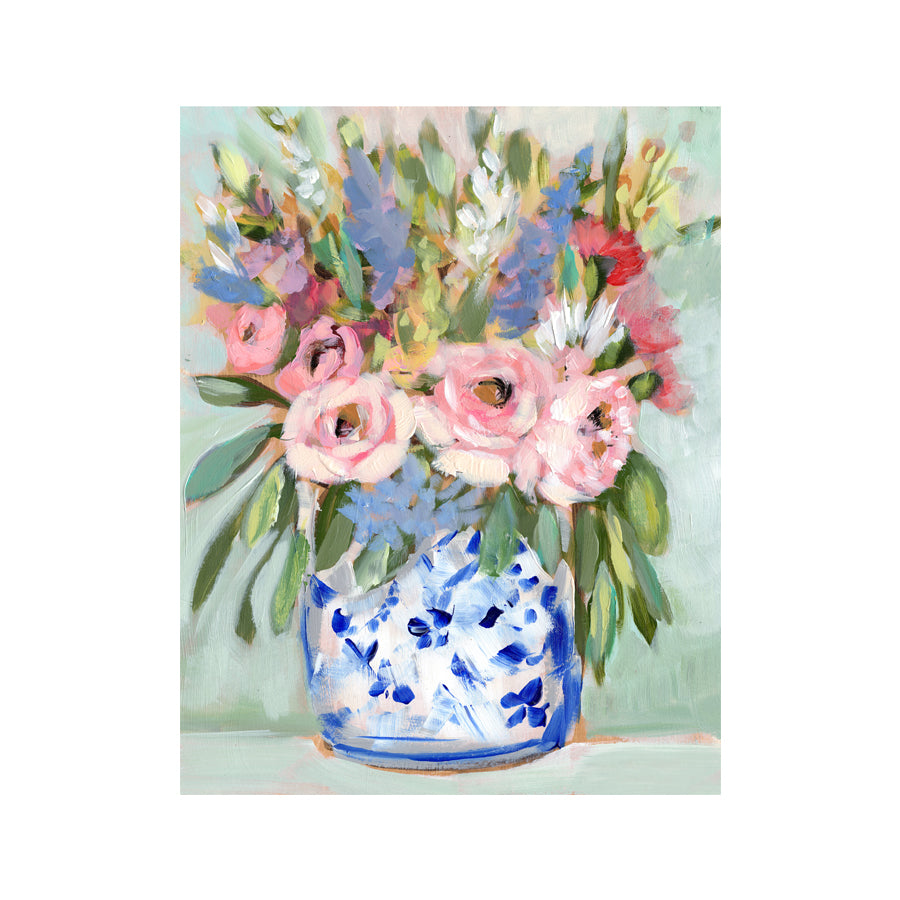 June peonies fine art print. Pink peonies, blue hydrangeas and red accents in ginger jar and mint green background.