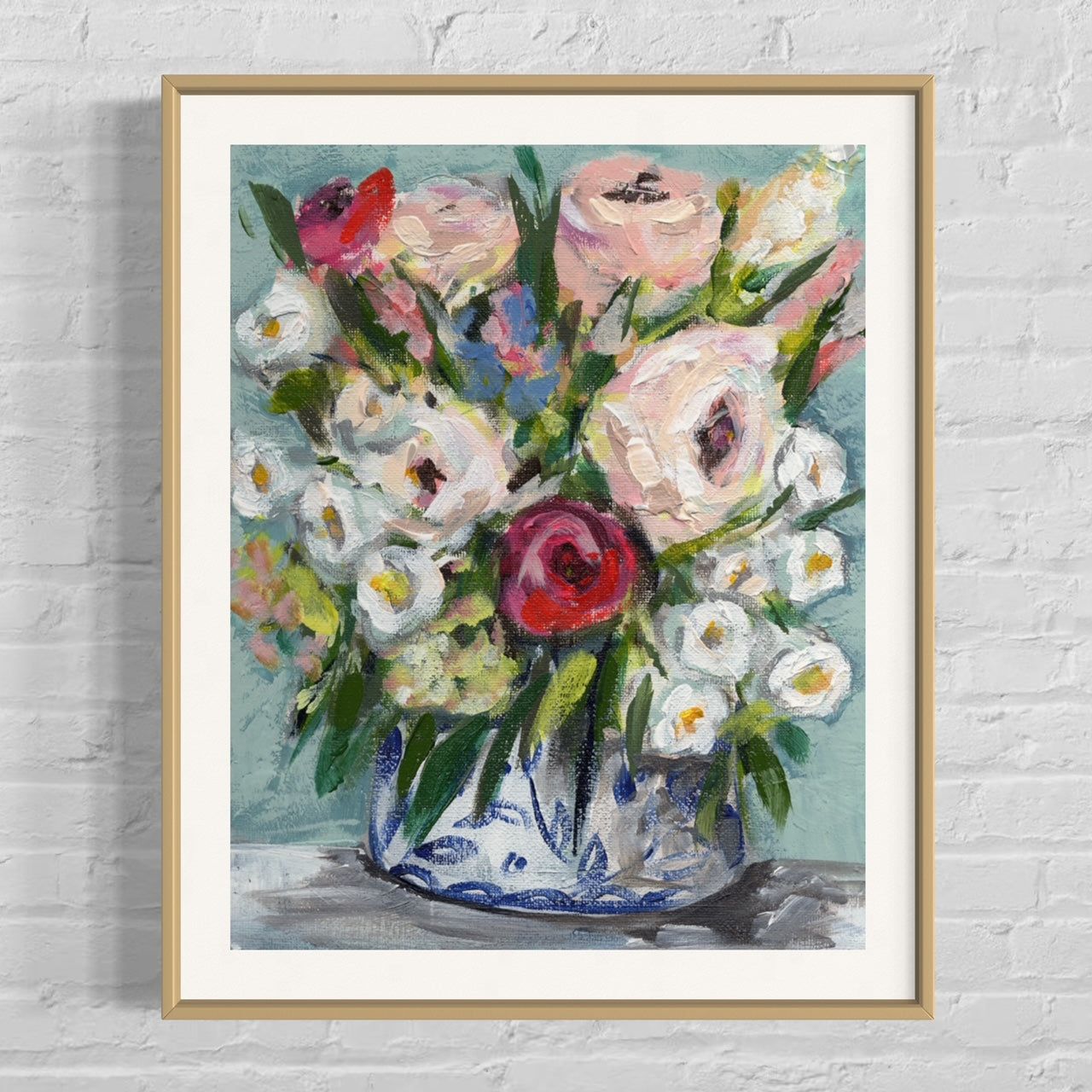 art print of floral bouquet with pink white, red, and blue flowers on aqua blue background