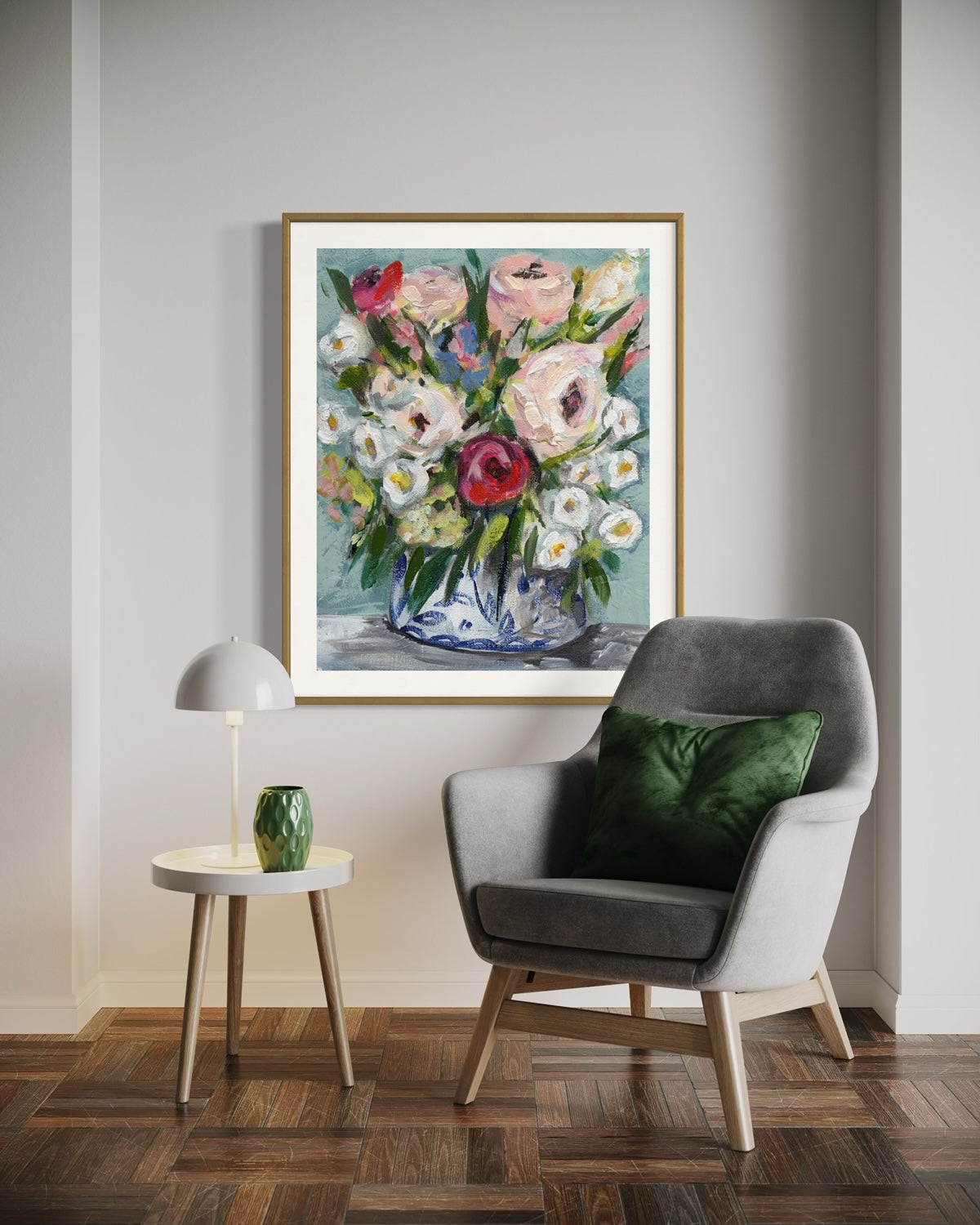 art print of floral bouquet with pink white, red, and blue flowers on aqua blue background in neutral living room setting