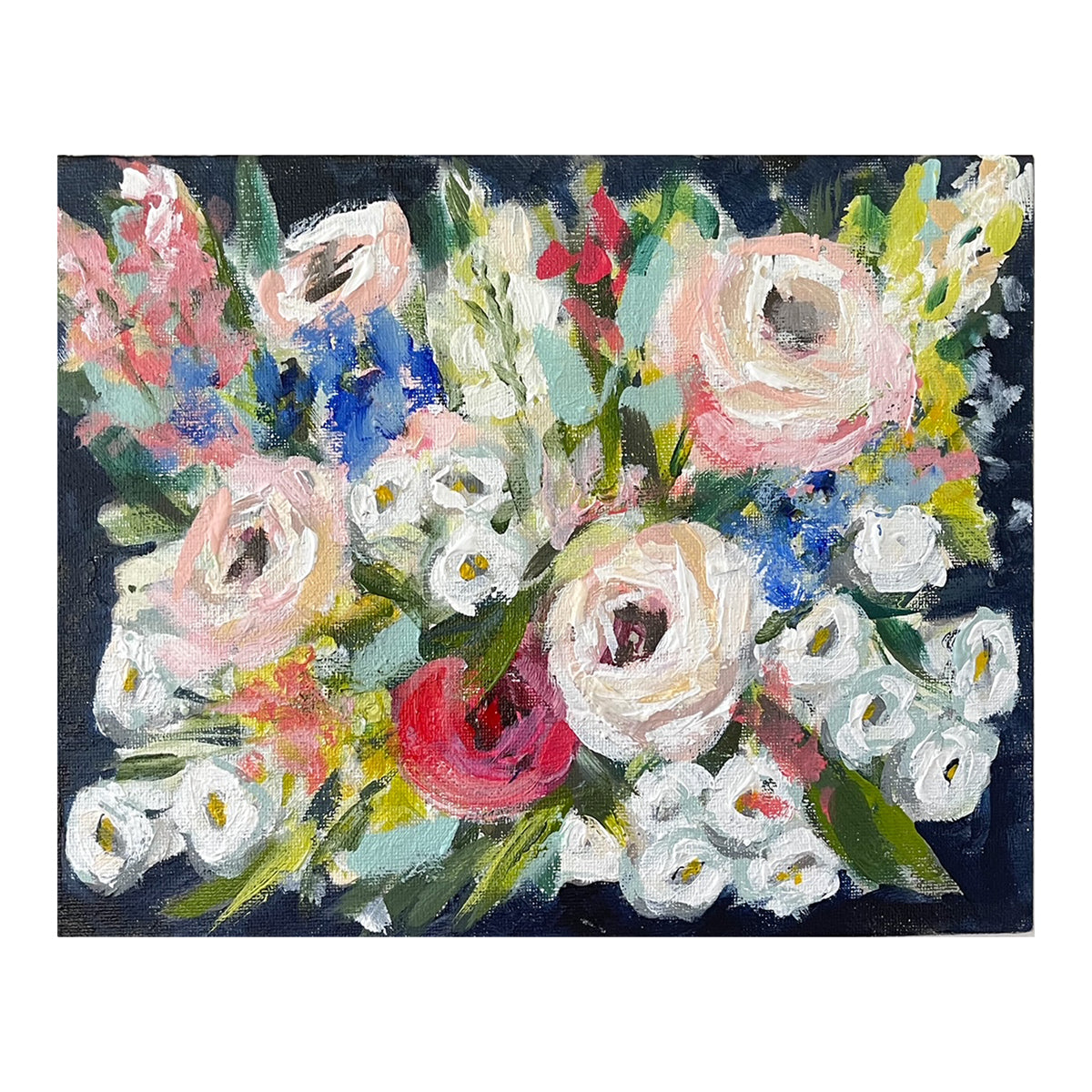 floral art print with pink peonies, red roses, white blue and green accents on dark blue background on white background