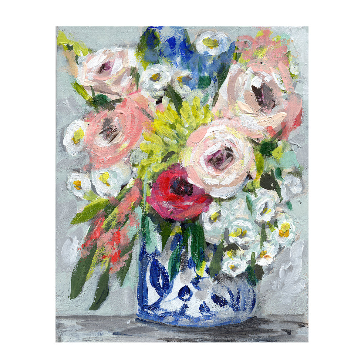 Market flowers in blue vase on light grey background