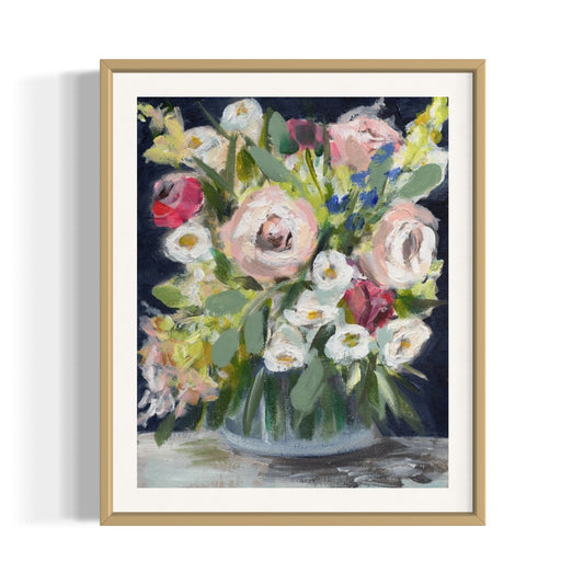 market flowers navy floral art print framed in gold on white wall. Pink peonies, red roses, white flowers on navy blue background.