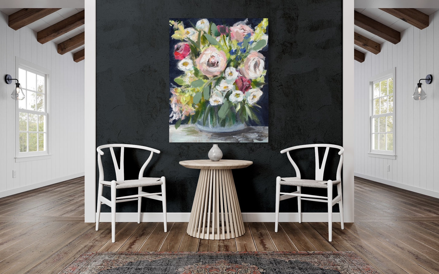 market flowers navy floral art print framed in gold on white wall. Pink peonies, red roses, white flowers on navy blue background. hung in sitting area with black and white walls