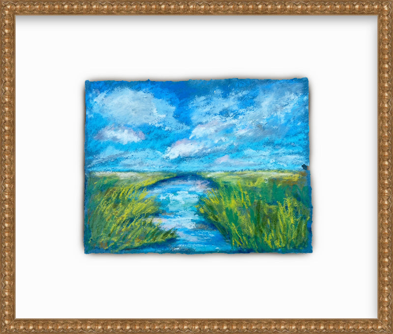 Framed painting of a landscape with a river and green fields.