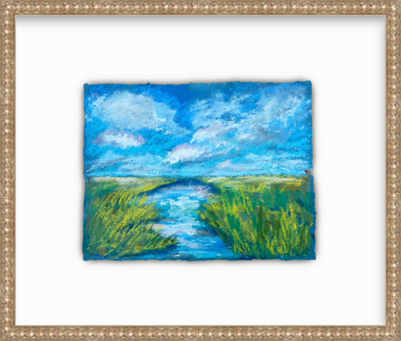 Framed painting of a landscape with a river and green fields with pink clouds