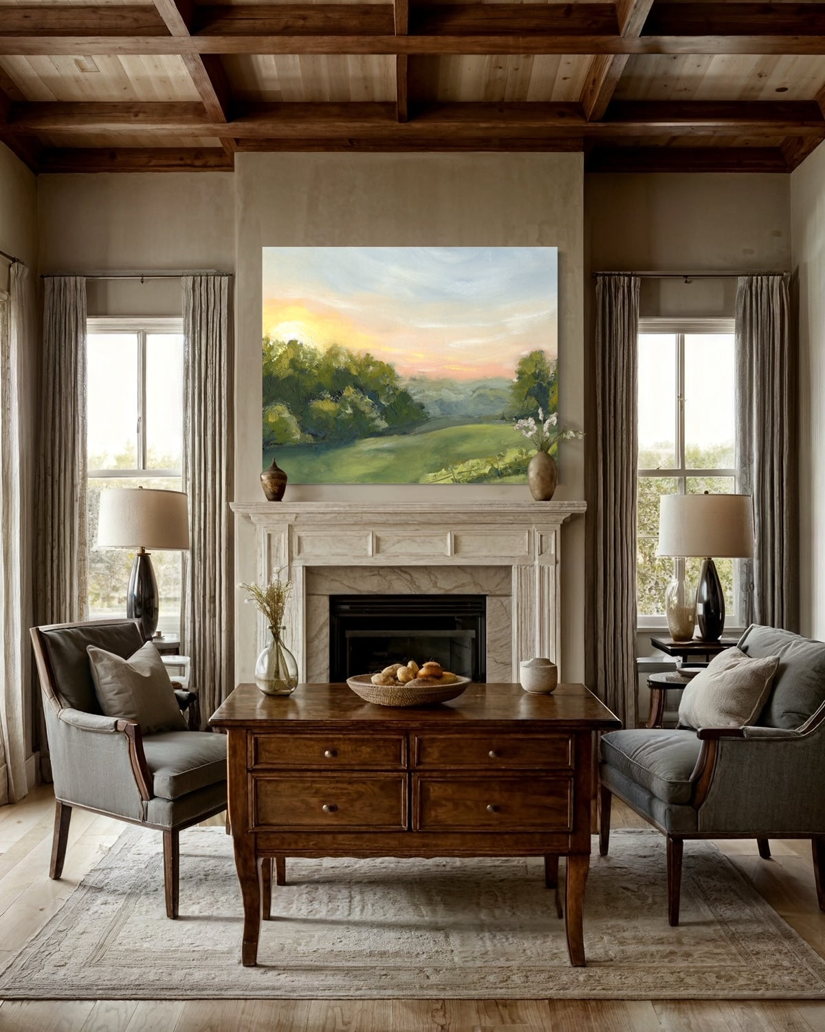 Canvas print of a field at dawn. captures the tranquil beauty of a pink sunrise over an expansive field.