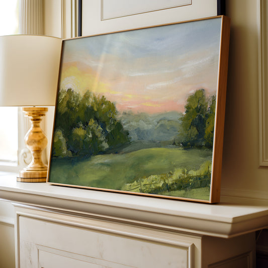 Pasture landscape painting with sunset view