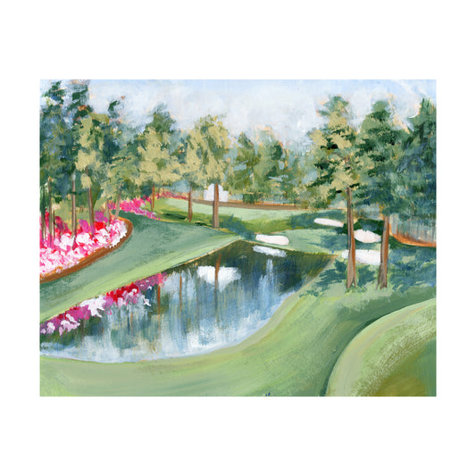 Golf course painting with water feature and azaleas