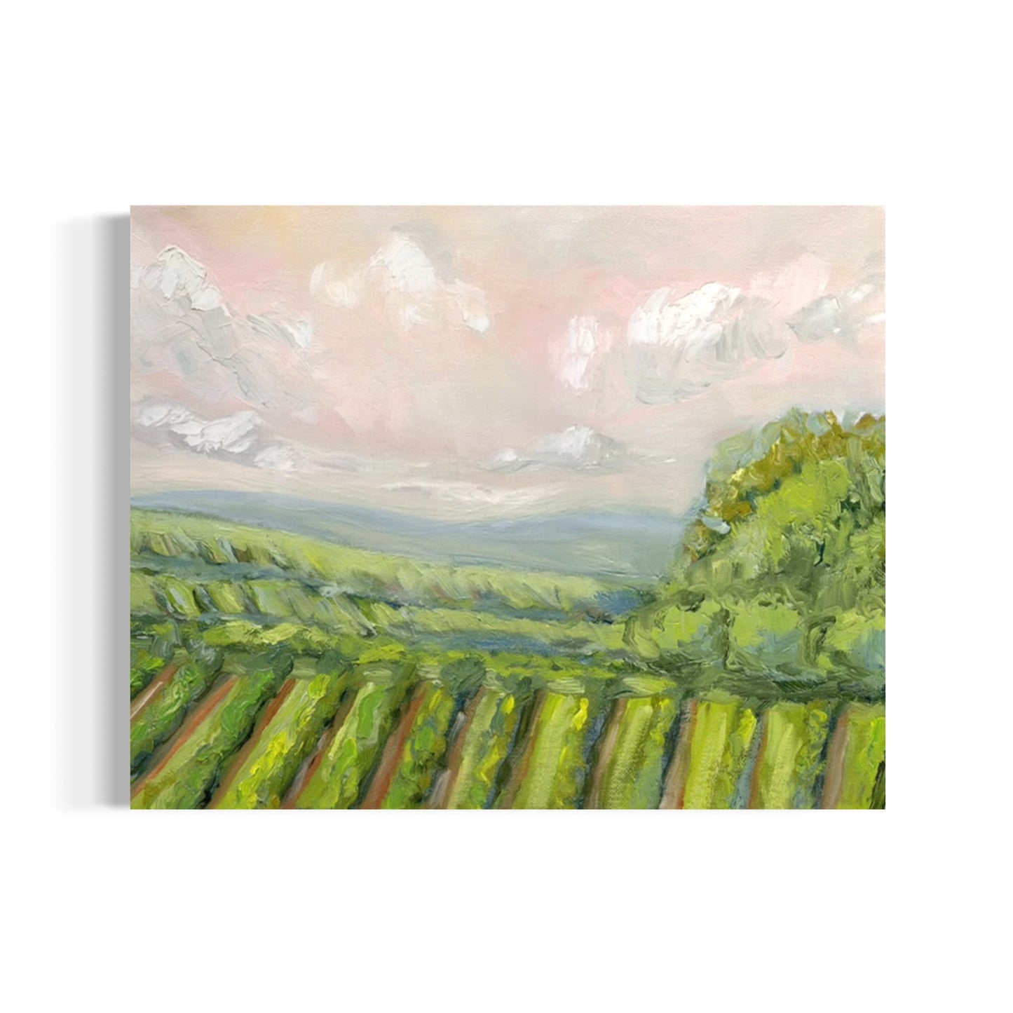 Painting of a vineyard with green rows and a pink sky.