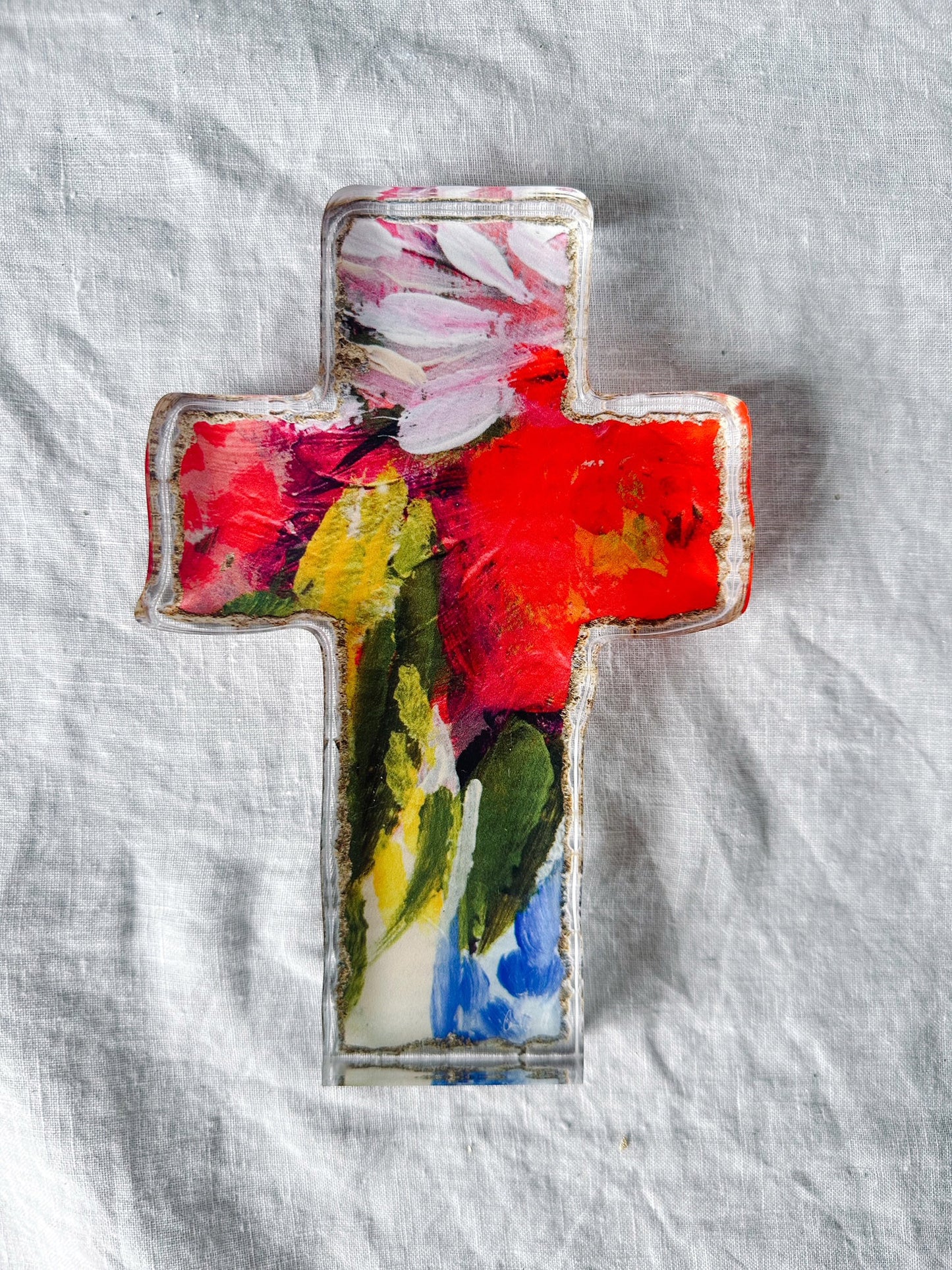 Floral acrylic cross for shelf or table