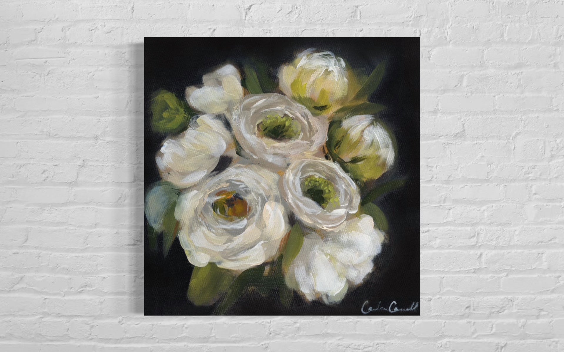 floral art print of White Peonies on black background on white brick wall
