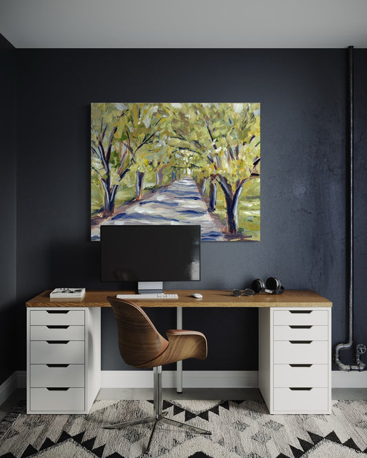 Autumn Oaks Landscape Print on gray wall in office