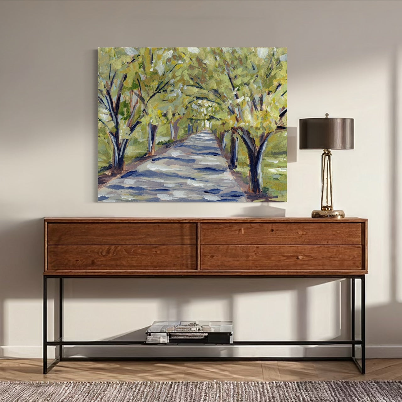 Autumn Oaks Landscape Print over large warm toned wood console table.