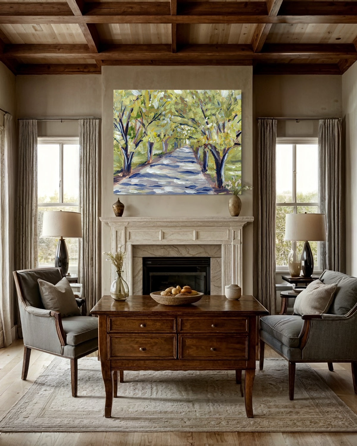 Autumn Oaks Landscape Print in cozy neutral living room space with large windows and drapery