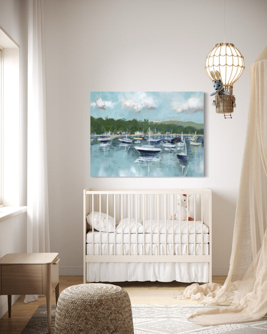 Float Sailboat Landscape Fine Art Print in neutral nursery. Painting of sailboats and reflections on calm water. 