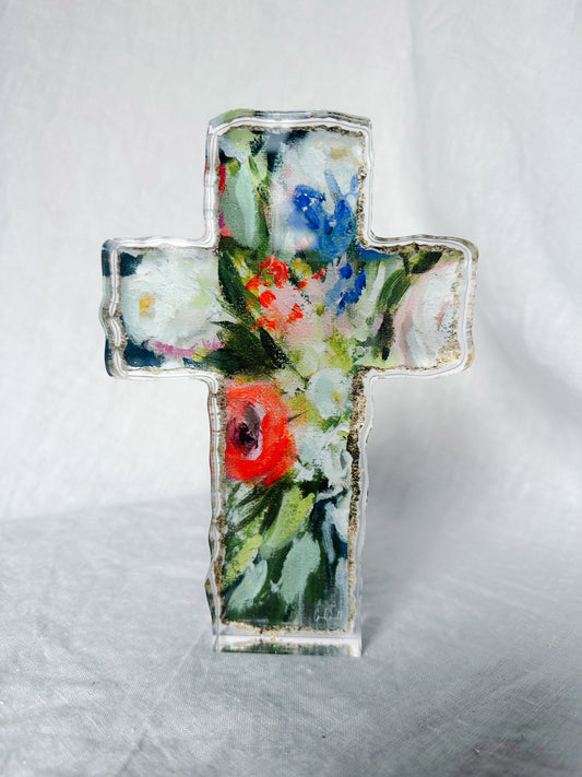 Floral acrylic cross with dark background standing