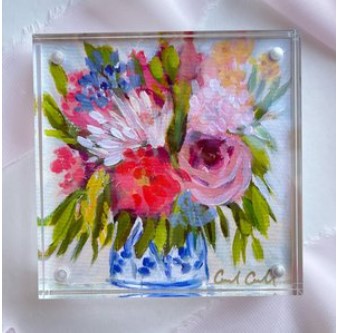Abstract floral painting with shades of pink, white. blue and green