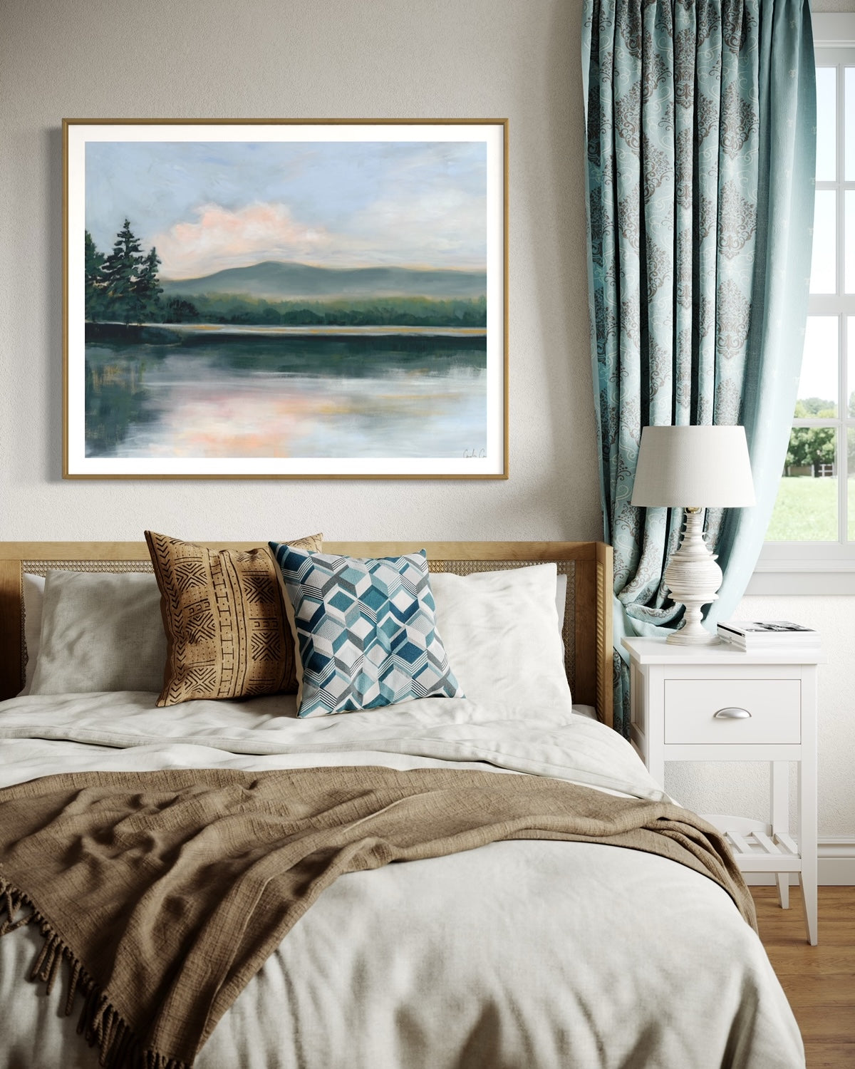 Fine art print of serene lake surrounded by evergreen trees during the golden hour of sunset on wall in bedroom