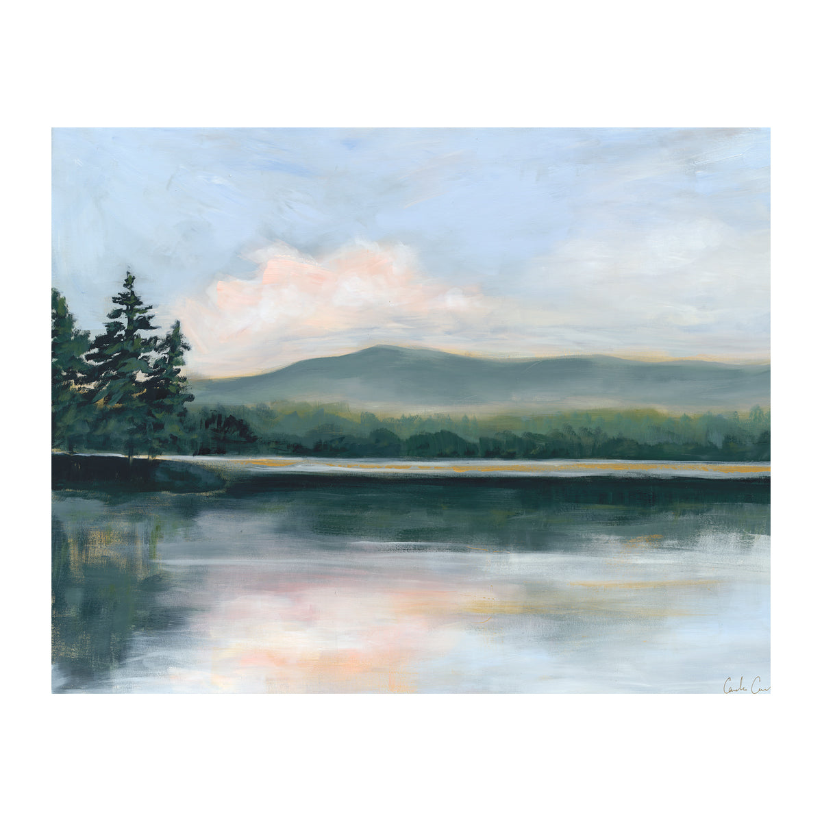 golden hour lake scene canvas print in living room canvas print has shades of green, gold, pink and green