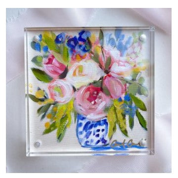 Floral art print with abstract flowers of pink, blue, white and yellow on a peach toned background