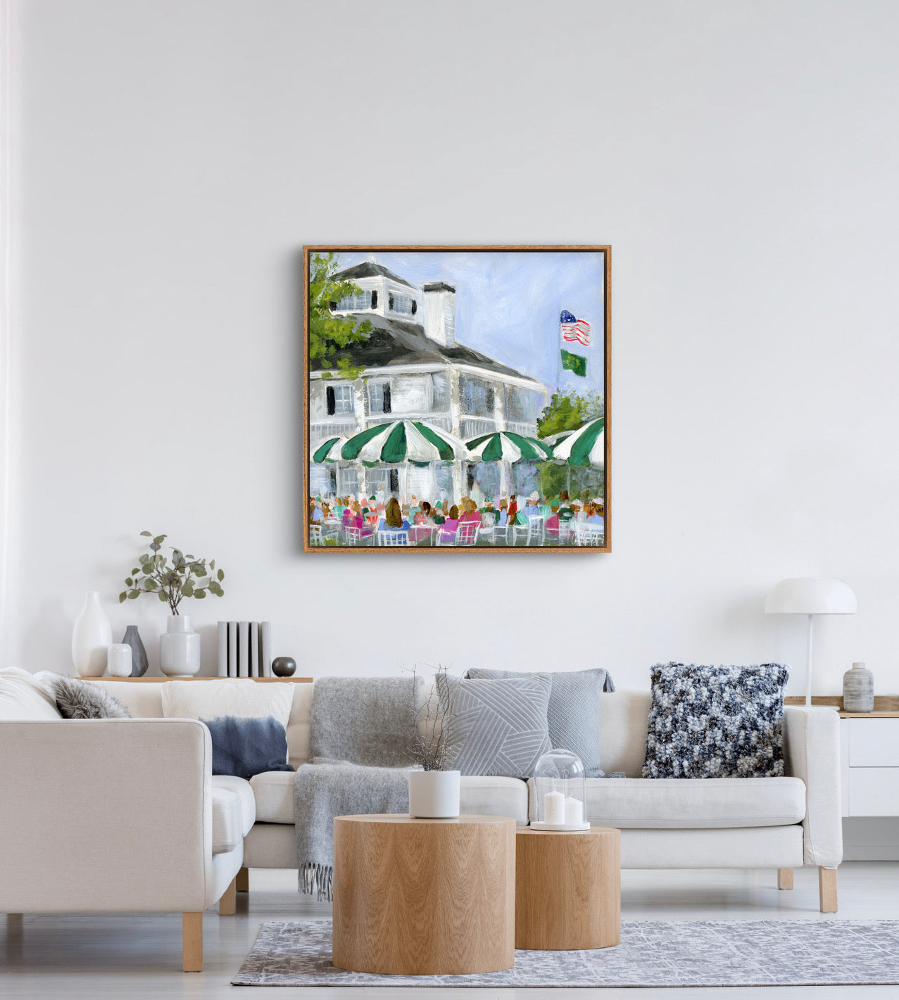 Painting of a building with green umbrellas and people.