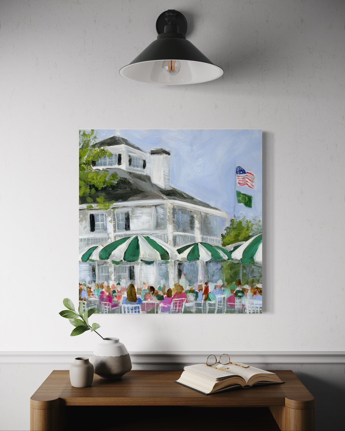 Painting of restaurant with green umbrellas, IMG_0160