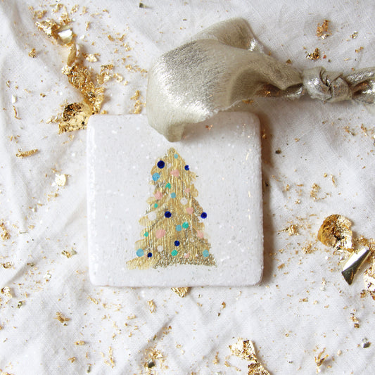 Hand Painted Ceramic Ornament Metallic Tinsel Tree - Pastel