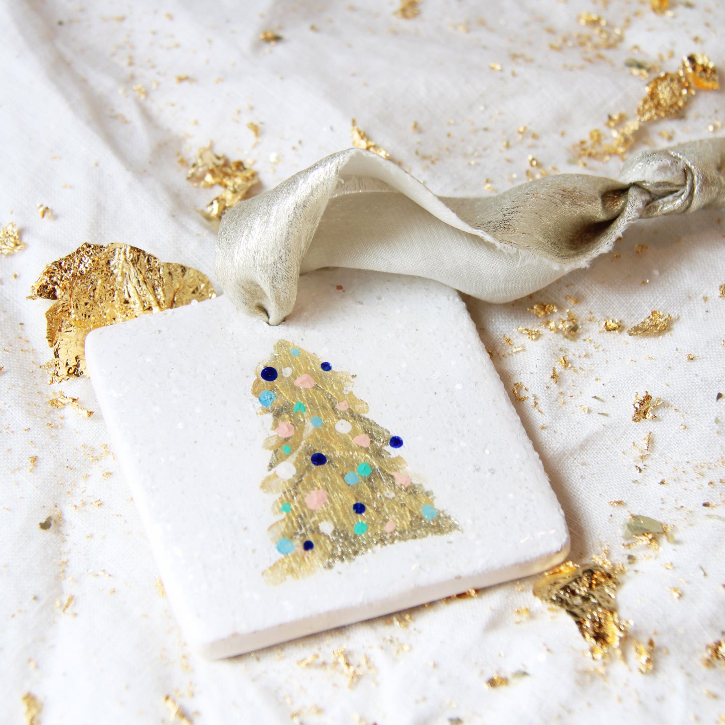 Hand Painted Ceramic Ornament Metallic Tinsel Tree - Pastel