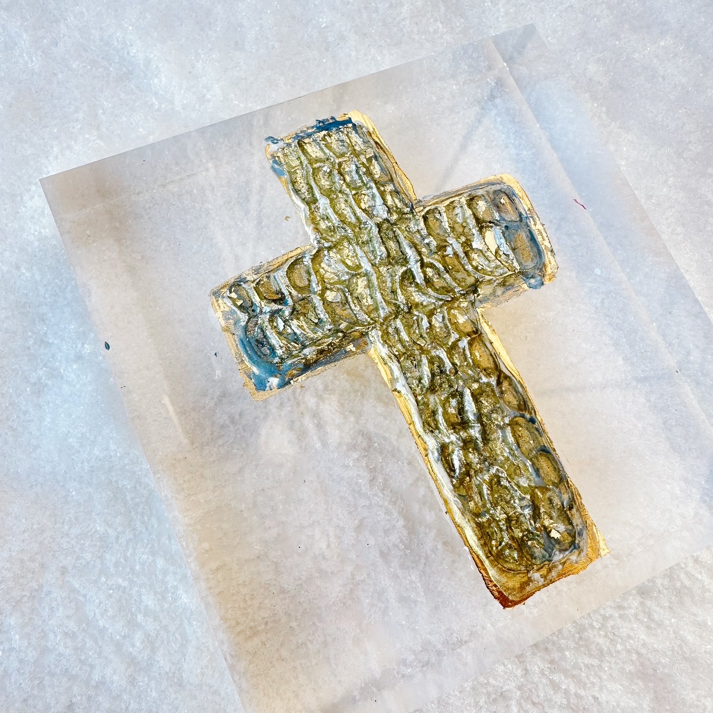 Golden Sculpted Cross Acrylic painting - Blue