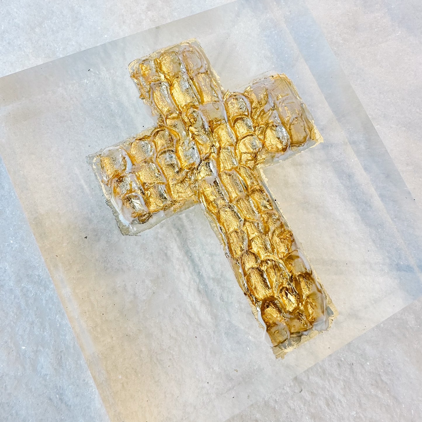 Golden Sculpted Cross Acrylic painting