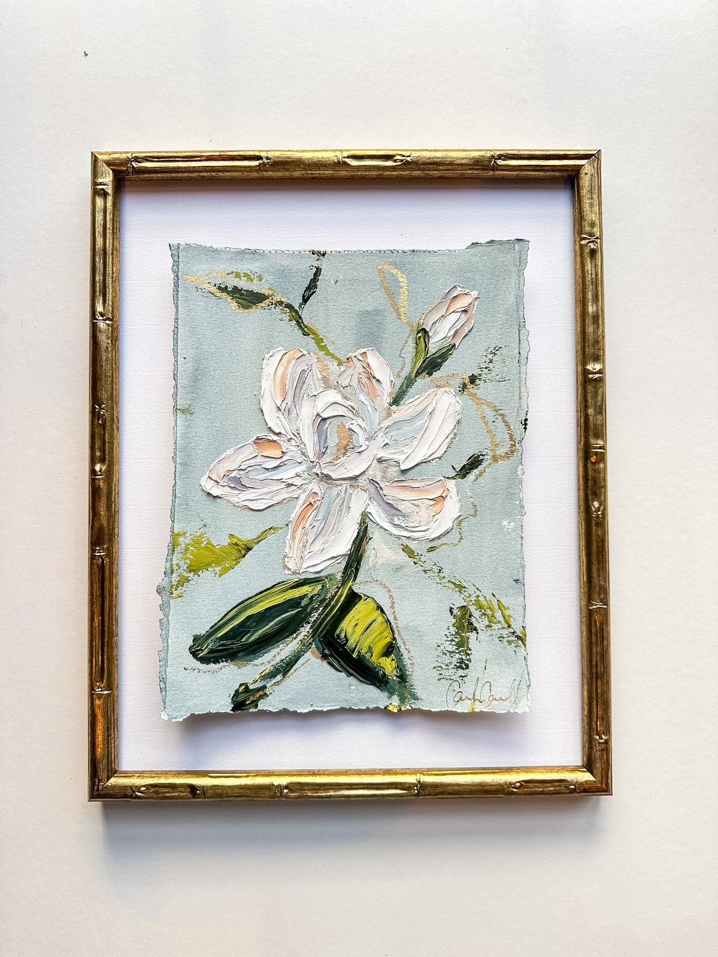 Magnolia Bloom - Oil Painting on light blue